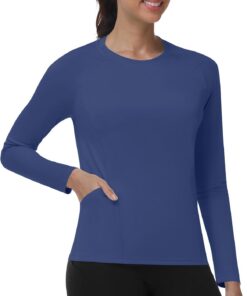 UV Shirt Damen Langarm mit Taschen, UPF 50+ Sonnenschutz Rash Guard, Schwimmshirt Atmungsaktiv Schnelltrocknend Badeshirt für Fitness Gym Yoga Wasser Strand