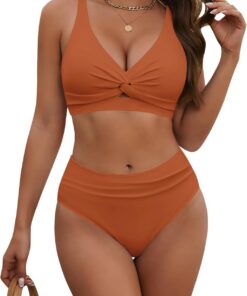 HORISUN Damen Bikini Set, High Waist Twist Front V-Ausschnitt Badeanzug Zweiteiliger Bademode Swimsuit