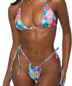 LUNNTE Damen Bikini Set Sexy Tanga String Bikini Badeanzüg Zweiteiliger Triangel mit Ring Badebekleidun Verstellbare Bademode Unterteil Seitlicher Schnürung