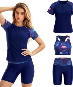 Owntop UV Rashguard Set Damen 3-teilig – Kurzarm Schwimmshirt mit Tanktop & Badehose, Schnelltrocknende Swimwear mit UV Schutz für Strand Schwimmen Wassersport