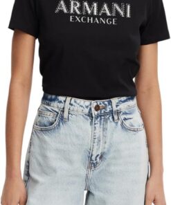 Armani Exchange Damen Crewneck Regular Fit Rhinestone and Metallic Log Otee T-Shirt