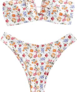 ZAFUL Damen Bandeau Schulterfrei Bikini Set Sexy Strandkleidung mit Blumenmuster Knote