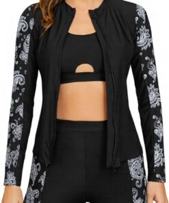 SHEKINI 3-teiliges Damen Rash Guard Tankini Set, Langarm Schwimmshirt mit Reißverschluss, Bikinioberteil, Badeshorts