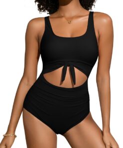 SHEKINI Damen Einteilige Badeanzug Schlankheits Ruched Bauchweg Bademode Halter Cutout Tie Knot Badeanzüge für Damen