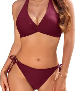 Nadeer Bikini Damen Set Push Up Bademode Zweiteiliger Sexy Knot V Ausschnitt Neckholder Low Waist mit Schnürung Badeanzug Swimsuit Sport