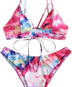 ZAFUL zweiteilig Bikini-Set mit verstellbarem BH & Rückengurt Design, Triangle Badehose mit Vögel-Gedruckt