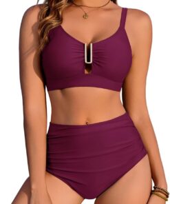 Bikini Damen Set Push Up High Waist Bauchweg Badeanzug Zweiteiler Sexy Metall-U-Ausschnitt Mit Schößchen Swimwear Sommer Bademode für Women