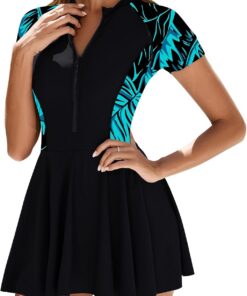 Odizli Badekleid Damen Sommer Kurzarm Reißverschluss Bauchweg Badeanzug mit Cups