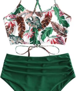 ZAFUL Damen Zweiteiliger Tankini, gepolsterter Bikini mit Blumenmuster Schnür-Tankini Oberteil hochtaillierte Shorts Badeanzug