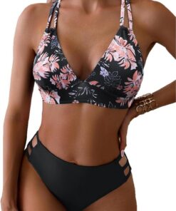 Yutdeng Triangle Bikini Damen Set Push Up ohne Bügel Gepolstert V Ausschnitt Shape Bikini Bauchweg mit Hohem Bund Rückseite Crossover Zweiteiliger Badeanzug Bikini Sportlich Swimsuit