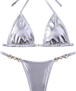 SEAUR Metallic Bikini für Frauen Zweiteiliger Sexy Triangel High Cut Strings Bottoms Badeanzug mit String Neckholder Tops Bademode