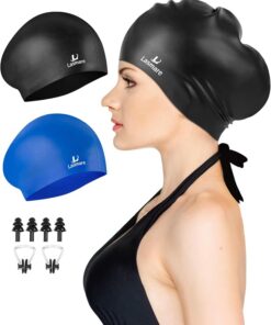 Langes Haar Badekappe Damen 2 Pack, Silikon Bademütze für Unisex, Erwachsene, Damen und Herren mit Ohrstöpseln und Nasenklammer Set, wasserdichte Badekappe für Erwachsene