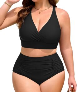 Nadeer Plus Size Zweiteiliger Bauchweg Bikini Damen Set GerÜScht Push Up High Waist Bademode Gekreuzter RÜCken Swimsuit