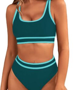 Genfien Bikini Sets für Damen Sport High Waist Colour Block | Bademode Push Up,Bauchkontrolle,Zweiteiliger Badeanzug