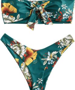 ZAFUL Damen Bikini Set mit O-Ring und Raffung hinten, hoher Schnitt, Bandeau Bikini Set, solide gepolstert, trägerlos, Zweiteiliger Badeanzug