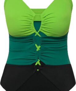 Ulla Popken Damen große Größen Übergrößen Plus Size Badeanzug, Colorblocking, Softcups, Aussparungen, recycelt 826476