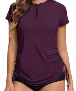 UV Shirt Damen Wasser 1/4 Reißverschluss Schwimmshirt Rashguard Damen Badeshirt Kurzarm Schwimm T-Shirt Verstellbarer Saum UPF 50+