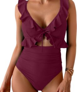 Yutdeng Einteiliger Badeanzug Damen Bauchweg V Ausschnitt Rüschen Monokini High Waist Einteilige Bademode Push Up Badebekleidung Sexy Cutout Swimsuit Bauchkontrolle Badeanzüge Schnürung Schwimmanzug