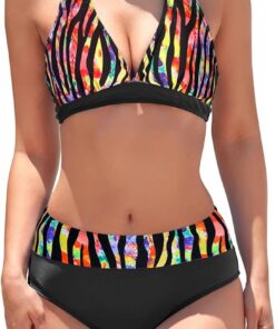 Damen Bikini Set Triangel Badeanzug Strand Lace Up Zweiteiliger Blumenmuster V Ausschnitt Bademode
