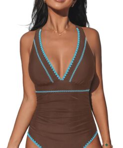 CUPSHE Damen Badeanzug V Ausschnitt Raffung Kreuzträger Schwimmanzug | Bequeme Passform, Mittlere Bedeckung, Für Strand und Pool
