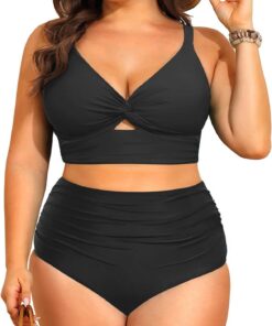 Yutdeng Damen Bikini Set Große Größe V Ausschnitt Bikini Damen Bauchweg High Waist Zweiteiliger Badeanzug Plus Size Bikinis Sexy Cutout Twist Front Badeanzüge Push Up Bademode Gepolsterte Swimsuit