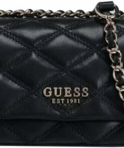 GUESS Gepolsterte Umhängetasche, 1981 EST, Schwarz mit silberfarbener Kette, Schwarz