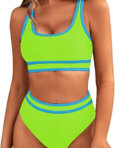 Genfien Bikini Sets für Damen Sport High Waist Colour Block | Bademode Push Up,Bauchkontrolle,Zweiteiliger Badeanzug