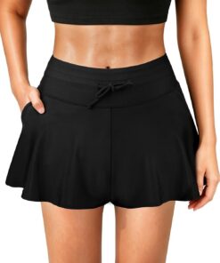 Badeshorts Damen High Waist Flowy Badehose mit Kordelzug Schnell Trocknende Schwimmshorts mit Innenslip 2 Taschen Schwarz Schwimmhose Boardshorts Strand Surfen Sport