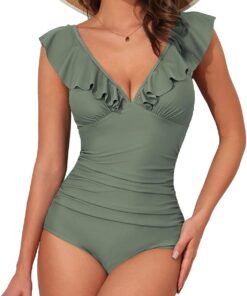 CULACCINO Badeanzug Damen Triangel V-Ausschnitt mit Rüschensaum Einstellbarer Schultergurt Bauchweg Sexy Einteilige Bademode Swimsuit One Piece