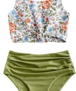 ZAFUL Damen Zweiteiliger Tankini, gepolsterter Bikini mit Blumenmuster Schnür-Tankini Oberteil hochtaillierte Shorts Badeanzug