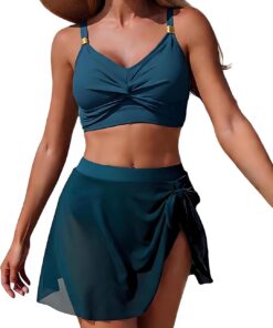 Bikini Damen Set mit Mesh Rock V Ausschnitt Zweiteiliger Badeanzug Hoher Taille Bauchweg Bikini Bademode