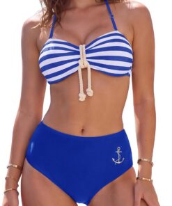 SHEKINI Damen Bandeau Navy Stil Bikini Sets Krawatte zurück Badeanzug hohe Taille Zweiteilige Badeanzüge
