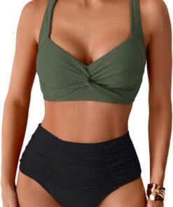 Damen High Waist Bikini Set Push Up Bademode Zweiteiliger Badeanzug Bauchweg Front Ruched V Ausschnitt