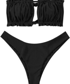 ZAFUL Schulterfreies Bandeau-Bikini-Set mit hohem Schnitt und Kordelzug und Rüschen Bademode für Damen