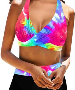 Singular-Point Damen Sport Bikini Set Push Up Badeanzug Zweiteiler V-Ausschnitt Shaping Bademode Hoher Taille Bauchweg Badeshorts Bunt Muster Badebekleidung Neckholder Swimsuit Kordelzug