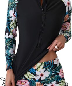 Owntop 2-teiliger Rash Guard Damen, Langarm Badeanzüge UV UPF 50+ Schwimmshirt, Reißverschluss Rash Weste, Blumen Bademode mit Hoch Tailliertem Boyshort Unterteil zum Schwimmen Surfen