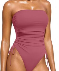 Yonique Trägerloser einteiliger Damen-Badeanzug, Bauchkontrolle, Bandeau-Badeanzug, freche Bademode