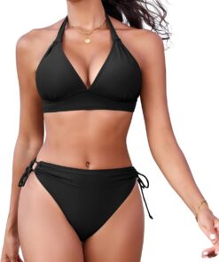 Bikini Damen Set Triangel Oberteil mit Knotendetail String Neckholder Bikinitop für Große Brüste Abnehmbare Pads Badeanzug Retro Sport