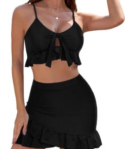 Damen Bikini Rock Set Cropped Oberteil High Waist Bauchweg Baderock Bademode Mit Innenslip Schwimmrock