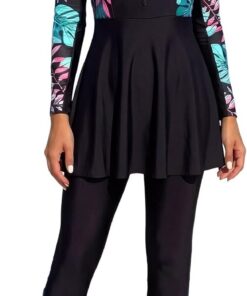 AGYMNX Muslimischen Bademode Damen Lange Ärmel Volle Abdeckung Muslim Badeanzug Zwei Stück Runder Hals Gedruckt Swimsuit Bademode Badehose Strandkleidung