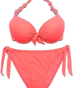Damen Seitlich Gebunden Bikini Sets Abnehmbar Bademode Push up Bikinioberteil mit Nackenträger