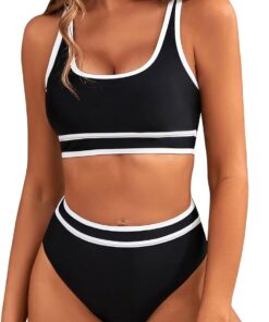 Genfien Bikini Sets für Damen Sport High Waist Colour Block | Bademode Push Up,Bauchkontrolle,Zweiteiliger Badeanzug