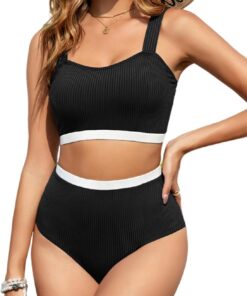 Vancavoo Damen Bikini Set Zweiteiliger Badeanzug Push Up Sport Bikini-Oberteil High Waist Elastische Gerippte Bademode Swimsuit