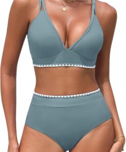 UMIPUBO Bikini Damen Set High Waist Push Up Bauchweg Zweiteiler V-Ausschnitt Große Brüste Bademode Hoher Taille Colour Blocking Mit Muschelkante Badebekleidung