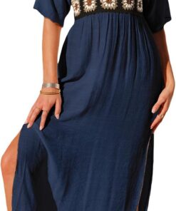 CUPSHE Damen Bikini Cover Up Strandkleid Stickerei Tiefer V-Ausschnitt Halbarm Seitenschlitz Strandponcho Sommer Urlaub Beachwear Maxikleid