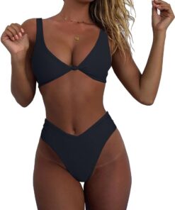 geluboao Bikini-Set für Damen, einfarbig, V-Ausschnitt, Knoten, vorne, Push-Up, hoher Beinschnitt, Tanga, zweiteiliger Badeanzug