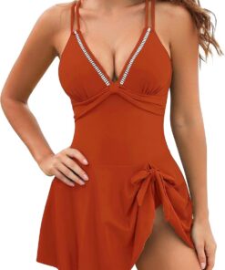 Damen Badeanzug Schwimmkleid Bademode Swimsuit Schwimmanzug | Schleife, Einteilige, Sommer, Bauchweg, Push-Up, Schwimmen, Surfen