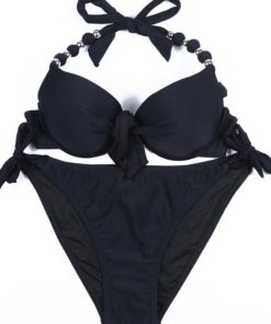 Damen Seitlich Gebunden Bikini Sets Abnehmbar Bademode Push up Bikinioberteil mit Nackenträger