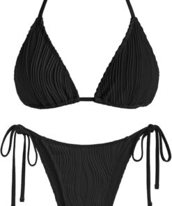 ZAFUL Damen Halter Trangle Bikini Set Tie-Side Cheeky Texture/Floral/Leopard Druck Zweiteiliger Badeanzug Bademode