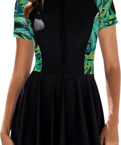 Odizli Badekleid Damen Sommer Kurzarm Reißverschluss Bauchweg Badeanzug mit Cups